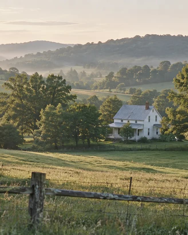 A white farmhouse in rolling Middle Tennessee hills at sunrise